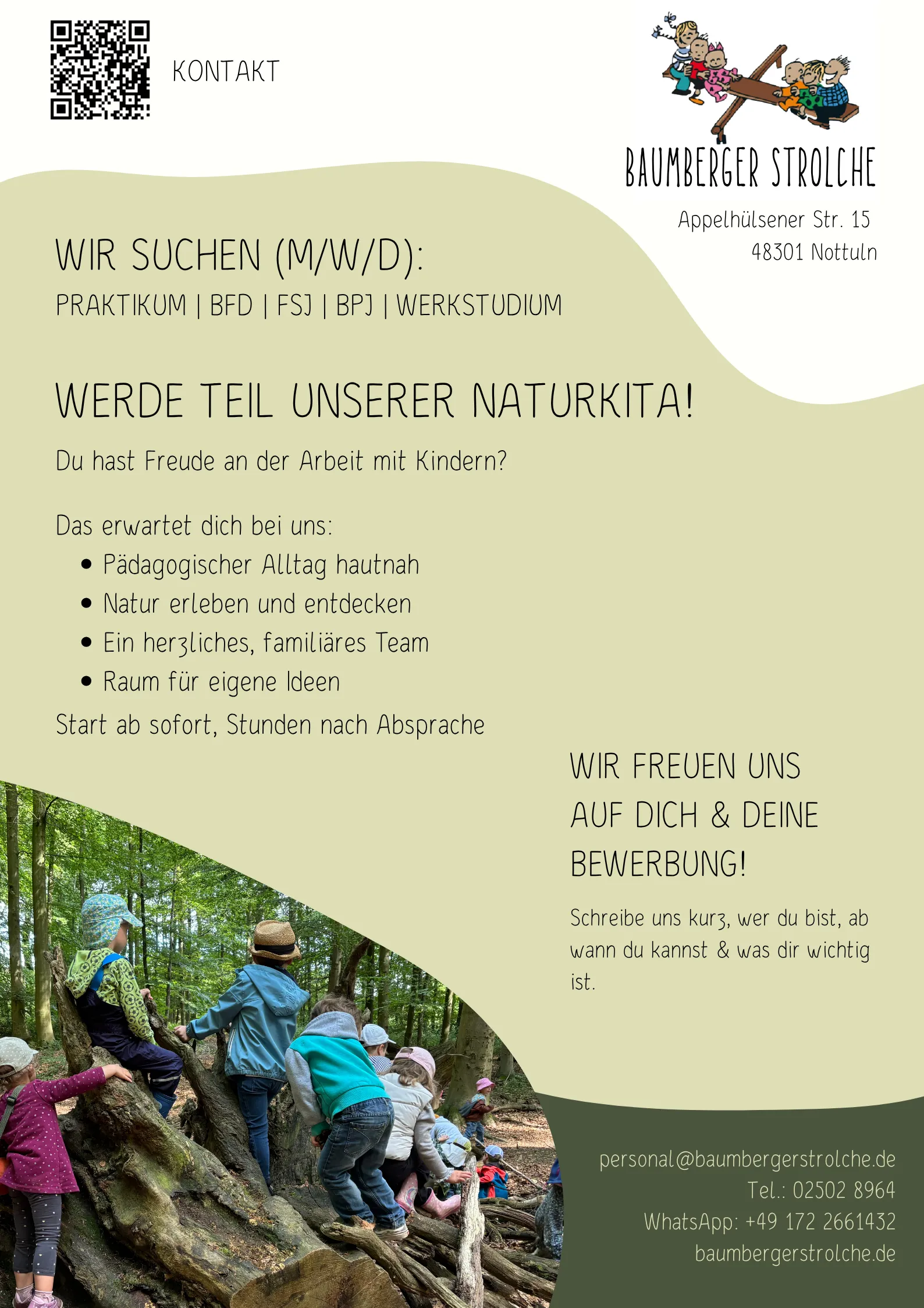 Flyer: Wir suchen Praktikum, BFD, FSJ, BPJ und Werkstudium in unserer Naturkita
