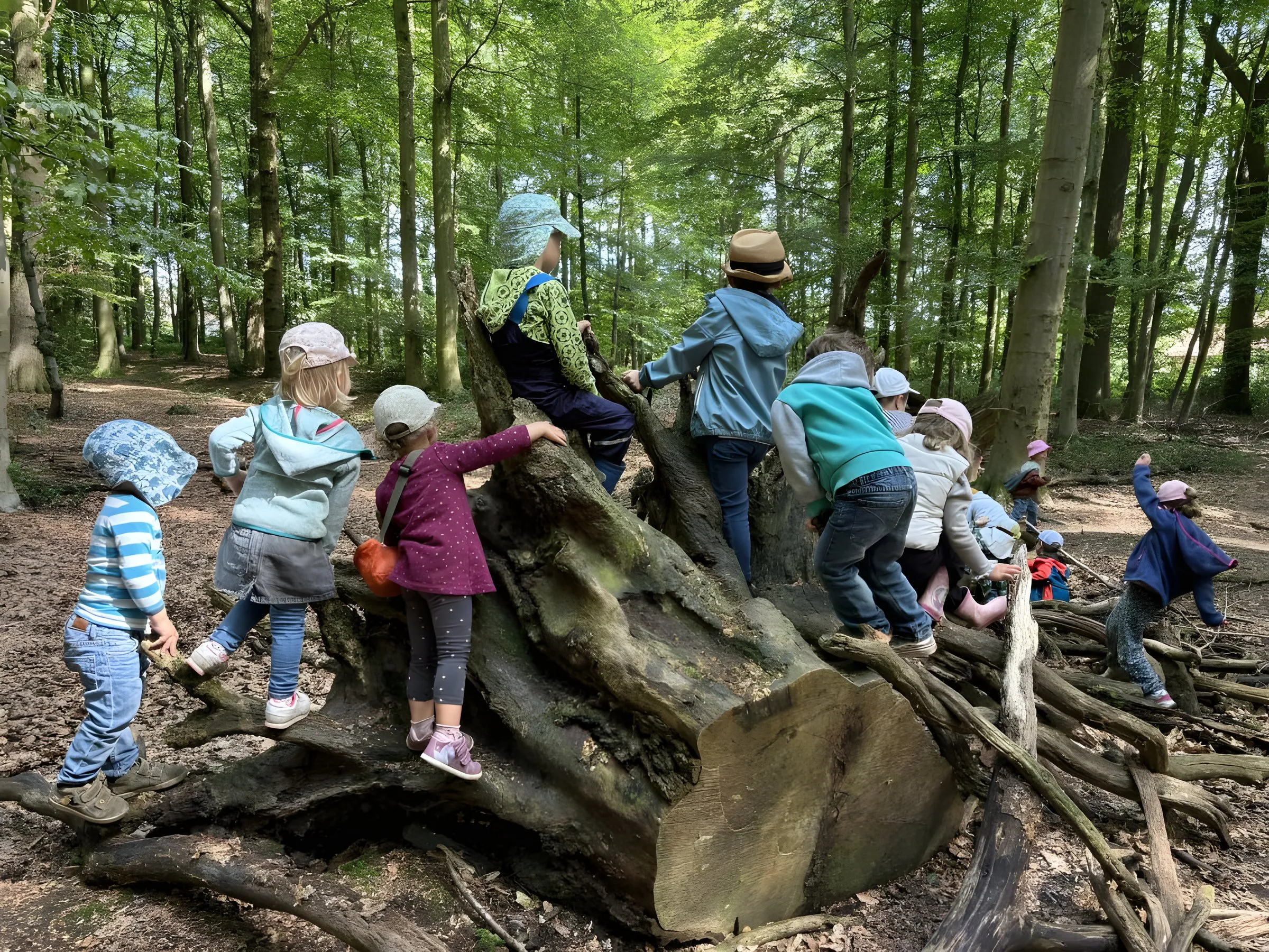 Kinder der Baumberger Strolche klettern im Wald auf einem umgestürzten Baumstamm